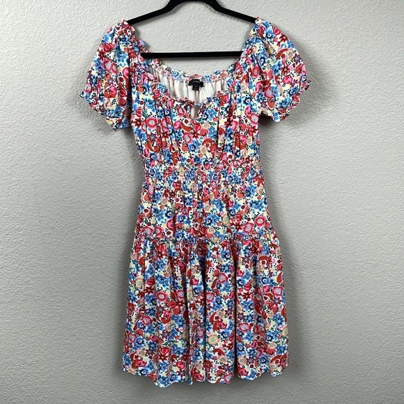 J Crew Smocked Waist Dress with Farmers Market Print Floral Ladybug Sz 0 - Picture 3 of 15